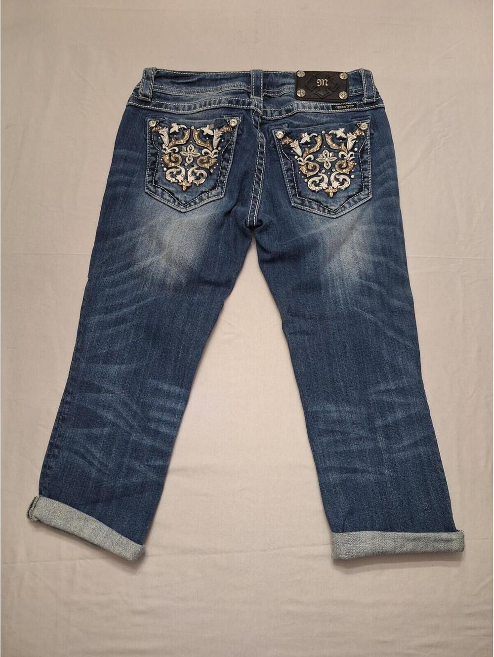 MISS ME Women's Denim Crystals Rhinestone Low Rise Cuffed Capri Blue Jeans 27